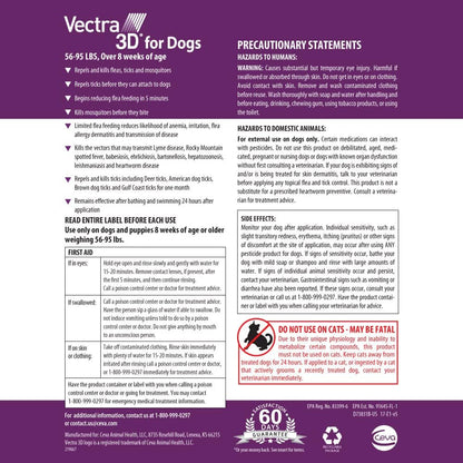 Vectra 3D Flea and Tick Prevention for Large Dogs 56–95 Lbs, 3‑Month | Kills and Repels Fleas, Ticks & Mosquitoes | Fast‑Acting, Waterproof, No Prescription Needed2
