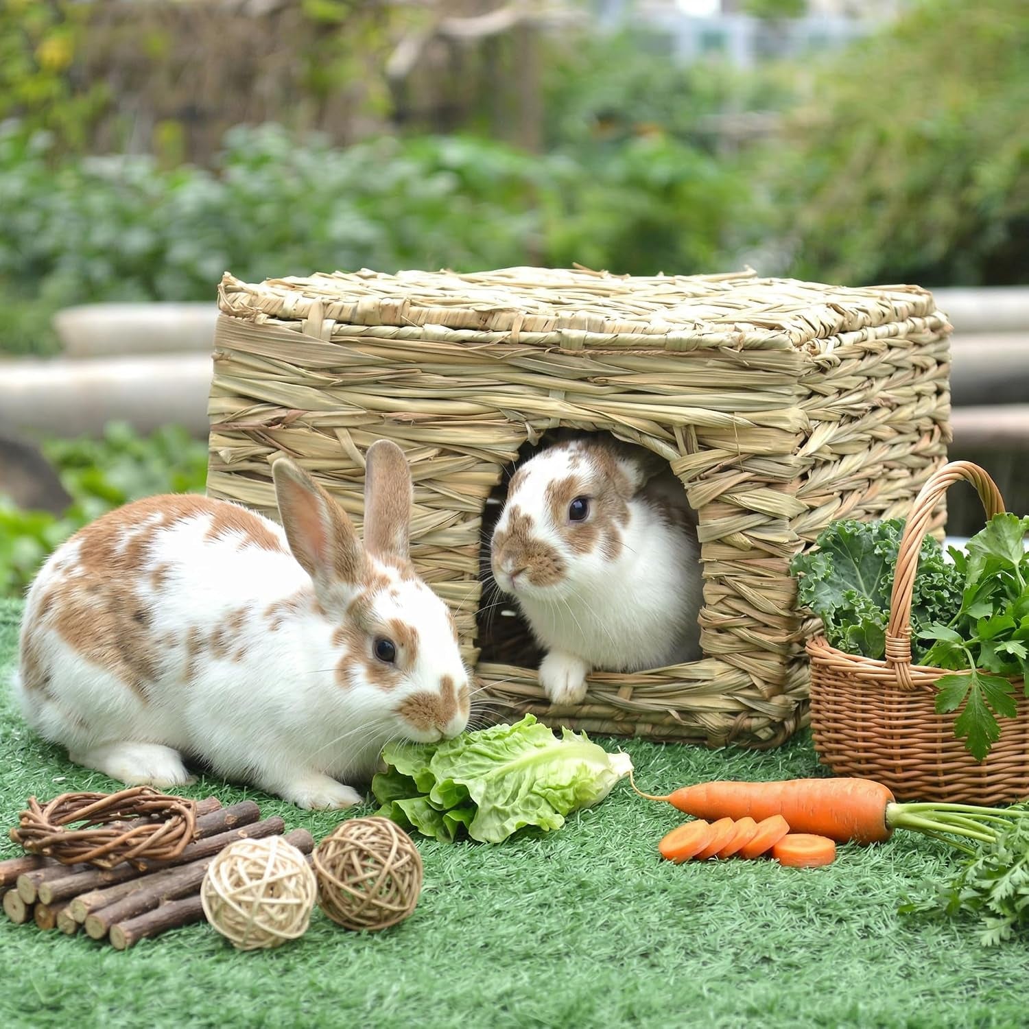 wuweot-2-pack-large-grass-bunny-house-foldable-rabbit-hut-play-hideaway-bed-hay-mat-chew-toy-for-rabbit-guinea-pigs-gerbils-hamster-and-small-animals-11x8x8