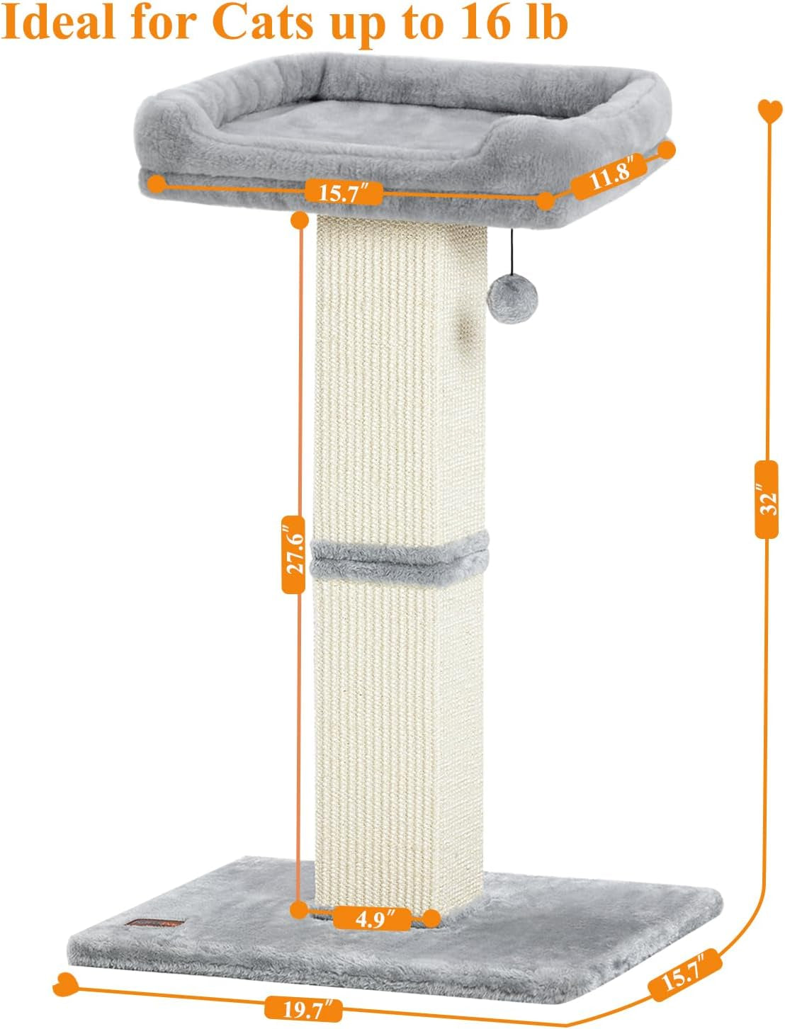 karolpar-32-cat-scratching-post-for-indoor-cats-sisal-cat-scratcher-with-plush-perch-large-scratch-post-with-bed-removable-cover-sisal-fabric-light-grey-natural-sisal-cat-scratcher-tower-large-scratch-post-with-bed-cat-tree-with-removable-cover