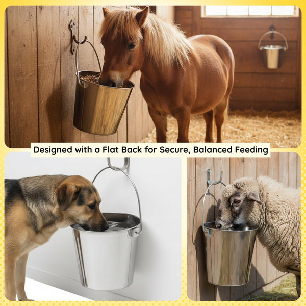 9 Quart Stainless Steel Flat Side Bucket | 2.25 Gal Durable Heavy Duty Food & Water Feeding Pails for Dog Goat Sheep Horse | Fits Kennel Cage Critter Crate Hanging Pet Pail | Multipurpose2