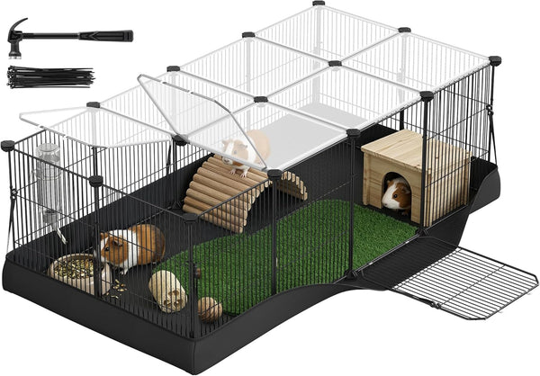 SONGMICS 20 Panels Pet Playpen with Floor, Small Animal Playpen, Pet Fence Indoor, DIY Plastic Enclosure for Guinea Pigs, Bunny, Hamsters, Hedgehogs, 49.2 X 24.8 X 16.5 Inches, White ULPC001W0113