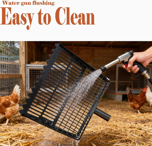 Chicken Poop Scooper & Rake 2-In-1, Adjustable 35"-65" Stainless Steel Handle, Heavy Duty Metal Black Shovel Head for Chicken Coop Cleaning, Pet Waste, Cat Litter Sifting3