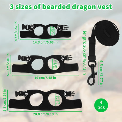 3Size Black Bearded Dragon Leash and Harness Set with Lizard Traction Rope | for Reptile, Lizard Leash/ Squirrel Harness/ Small Rabbit Traction Rope (S, M, L)2