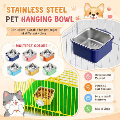 Lemonroad 12 Pcs Dog Crate Water Bowl Bulk No Spill Hanging for Kennel Removable Stainless Steel Puppy Food Water Feeding Bowls Cage Coop Cup for Dogs Cats Rabbits Birds Ferret(Square Bowl)6