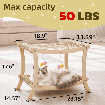 Indoor Cat Scratcher Bed, Double Layer Cat Hammock with Toy Ball, Wooden Sisal Cat Scratching Pad for Cats, Elevated Cat Lounge for Claw Grinding & Sleeping2