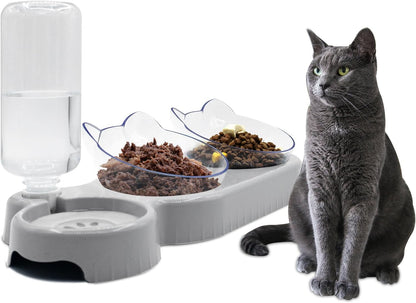 Triple Cat Bowls,15°Tilt 3-In-1 Water Feeder Bowls Cat Double Food Bowls with Automatic Water Bottle Bowl, Whisker Friendly Wet and Dry Cat Elevated Feeding Dishes for Small Cat and Puppy (Pink)9