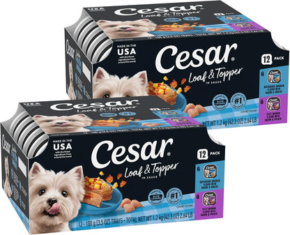 Cesar Loaf & Topper Wet Dog Food, Variety Pack, 3.5 Oz, 24 Count | Real Meat #1 Ingredient, No Fillers or Artificial Flavors, Easy-To-Digest, Slow-Cooked Tender Texture, Easy Peel Trays14