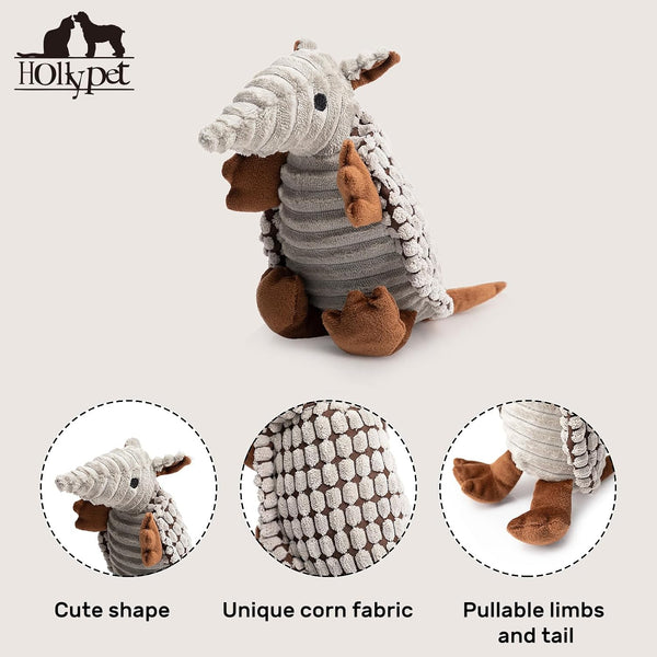 Hollypet Plush Dog Squeaky Toy Stuffed Armadillo Animal Pet Puppy Chew Toys with Clean Teeth for Small Medium Large All Breed Sizes Dogs, Gray, 8 In3