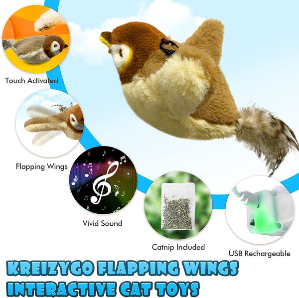 Cat Toys, Flapping Wings Sparrow, No Flying, Chirping Bird Interactive Catnip Toy for Kitten or Small Dogs, Touch Activated, Rechargeable2