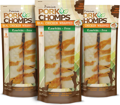 Pork Chomps Baked Pork Skin Dog Chews, 8 in Rolls, Chicken, 2 Count | Made with a Real Chicken Wrap over Oven-Baked Pork Skin - Rawhide-Free, Low in Fat, and Easy to Digest8