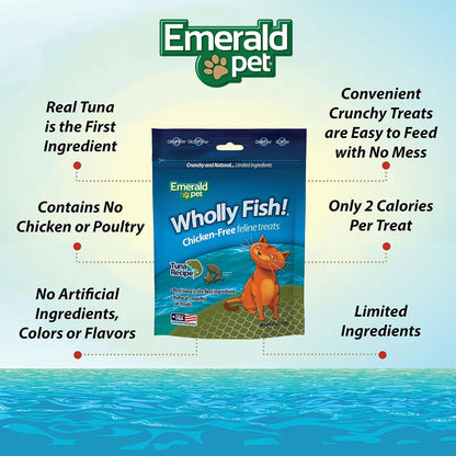 EMERALD PET Wholly Fish! Chicken-Free Feline Treats, Tuna Recipe — Tasty and Crunchy Tuna Cat Treats with Real Tuna — Chicken Free, Grain Free, Natural Cat Treats — Made in USA, 3 Oz3