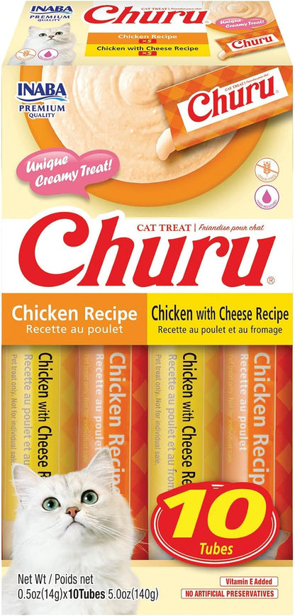 INABA Churu Cat Treats, Grain-Free Lickable Creamy Purée with Vitamin E, 0.5 Ounces per Tube, 10 Tubes Total, Chicken Variety Box | Lickable, Squeezable Creamy Purée, Treat/Topper with Vitamin E1