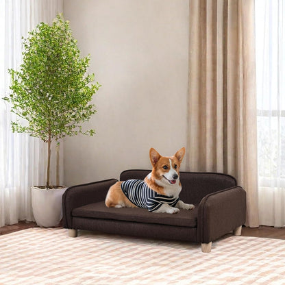 Big Sized Dog Bed -Wooden Frame Pet Sofa Couch, Washable Cushion Cat Couch, Linen Fabric Dog Sofa and Chair for Medium Pet Rest. (Brown)5