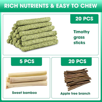 WDEFUN Natural Pet Chew Toys Set - 20 Timothy Hay Sticks 20 Apple Tree Branches 5 Sweet Bamboo, Safe Chewing Toys for Rabbit, Guinea Pig, Hamster, Chinchilla, Gerbil - Teeth Grinding & Boredom Relief2