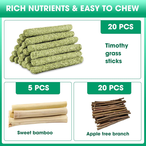 WDEFUN Natural Pet Chew Toys Set - 20 Timothy Hay Sticks 20 Apple Tree Branches 5 Sweet Bamboo, Safe Chewing Toys for Rabbit, Guinea Pig, Hamster, Chinchilla, Gerbil - Teeth Grinding & Boredom Relief2