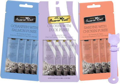 Fussie Cat Premium Puree Lickable Cat Treats in Chicken Puree, Lickable Treats, 3 Packs of 4-0.5Oz Tubes,(12 Total Tubes) Variety Flavor Pack of 3 Flavors. Oceanfish, Sardine, Chicken + Lid1