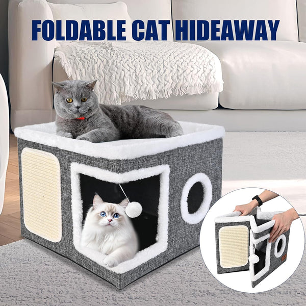Cat Beds for Indoor Cats, Large Cat Cave Bed with Scratch Pad and Fluffy Ball, Foldable Cat Hideaway, Cat House with Reversible Cushion for Multi Small Pet up to 30LBS, Grey5