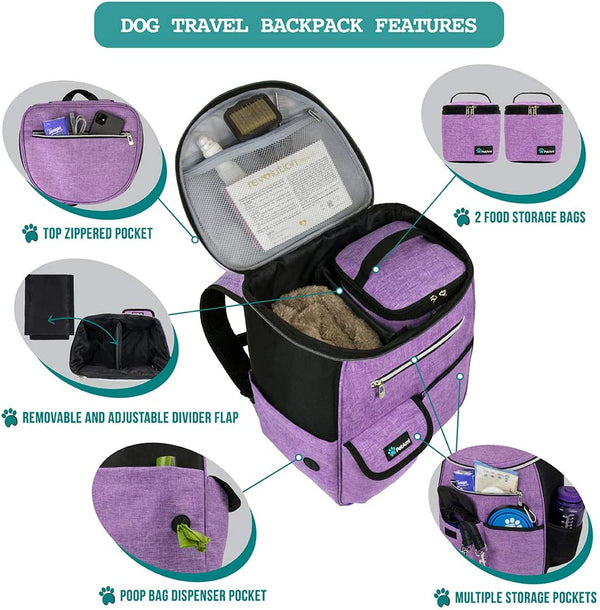 Petami Dog Travel Bag Backpack, 27L Airline Approved Pet Supplies Organizer with 2 Food Containers, 2 Collapsible Bowls & Poop Bag Dispenser, Weekend Road Trip Camping Dog Mom Gift, Purple3