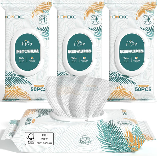 200 Count Dog Wipes & Cat Wipes (4X50 Packs) | Hypoallergenic, Ph Balanced for Paws, Body, Face & Grooming |All-Natural Plant Fiber Wipes with Aloe, Coconut Oil & Vitamin E |Pearl Texture1