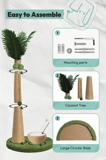 33" Tall Cat Scratching Post, Natural Jute Cat Scratcher for Indoor Cats,Coconut Tree & Straw Design with Hanging Toy Ball & Rest Platform,Stable Furniture Protector for Kittens & Adult Cats,M5