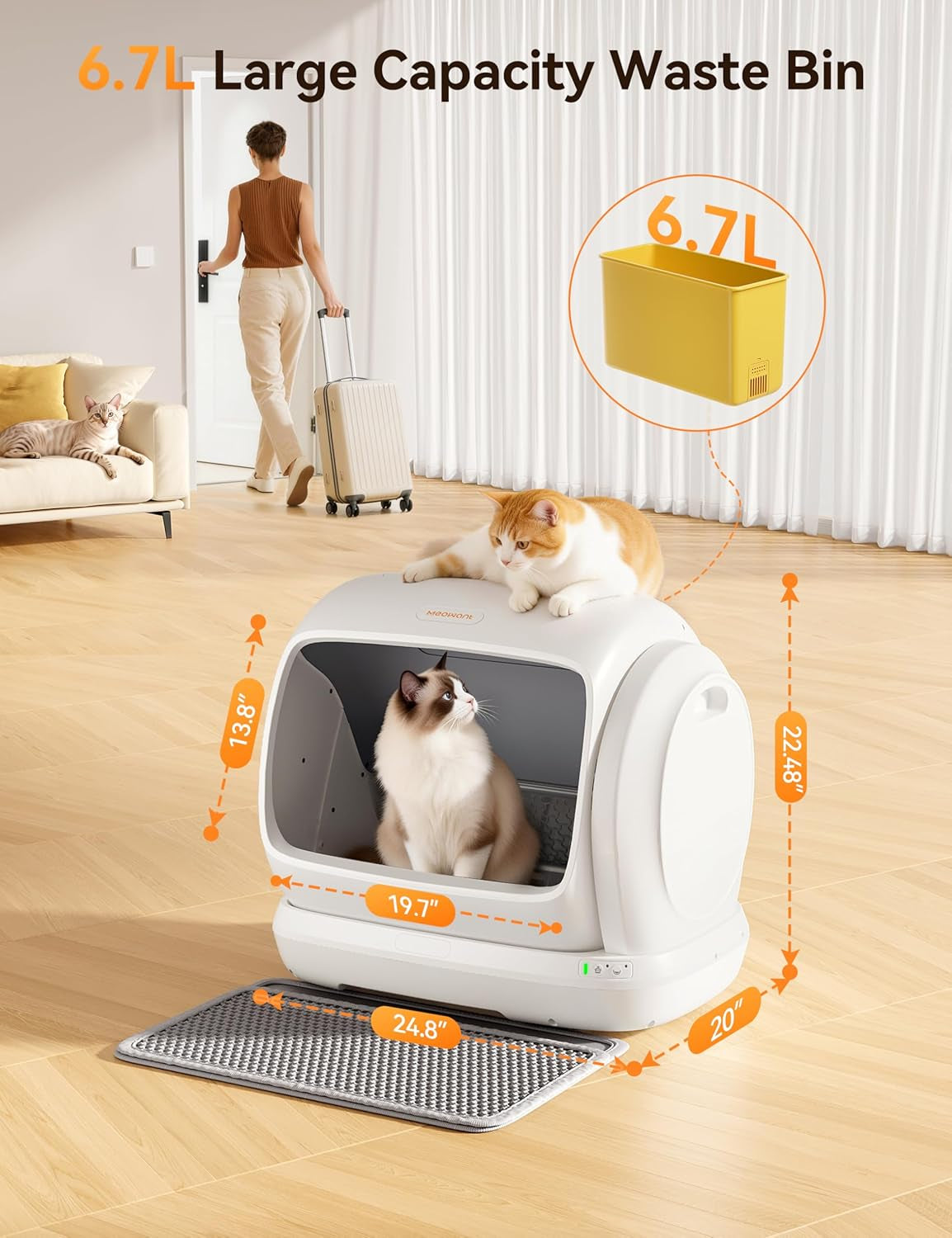 meowant-self-cleaning-cat-litter-box-106l-extra-large-space-low-entrance-automatic-cat-litter-box-perfect-for-multiple-cats-safety-sensor-anti-pinch-app-control-odor-free-with-mat-liner