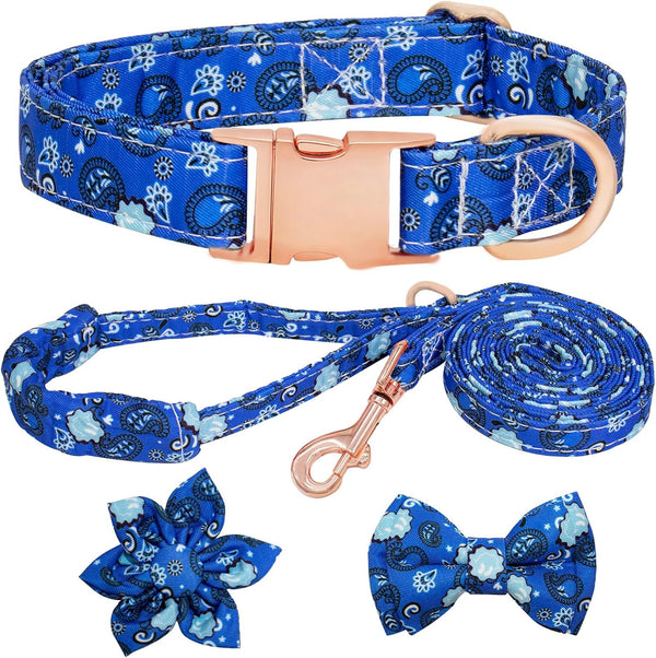 Dog Collar and Leash Set Girls Adjustable Puppy Collars with Floral Bow Tie for Small Medium Large Female Dogs, Orange Flower, S12