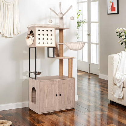 Cat Tree & Litter Box Enclosure,Modern All-In-One Indoor Cats Tower with Large Platform, Cat Condo with Wood House, Food Station, Hammocks (23.6”)6