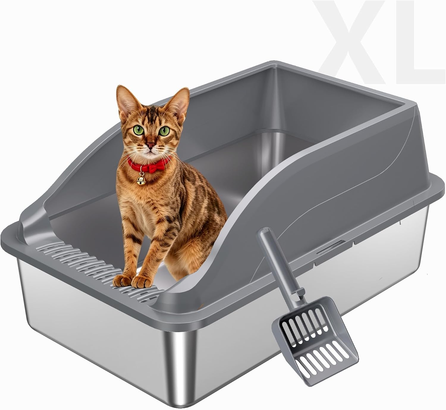 stainless-steel-litter-box-metal-litterpan-for-small-cats-odor-free-metal-litter-pan-tray-toilet-easy-clean-extra-large-leakproof-scoop-open-top-rust-proof-indoor-cats-kittens-low-entry-grey