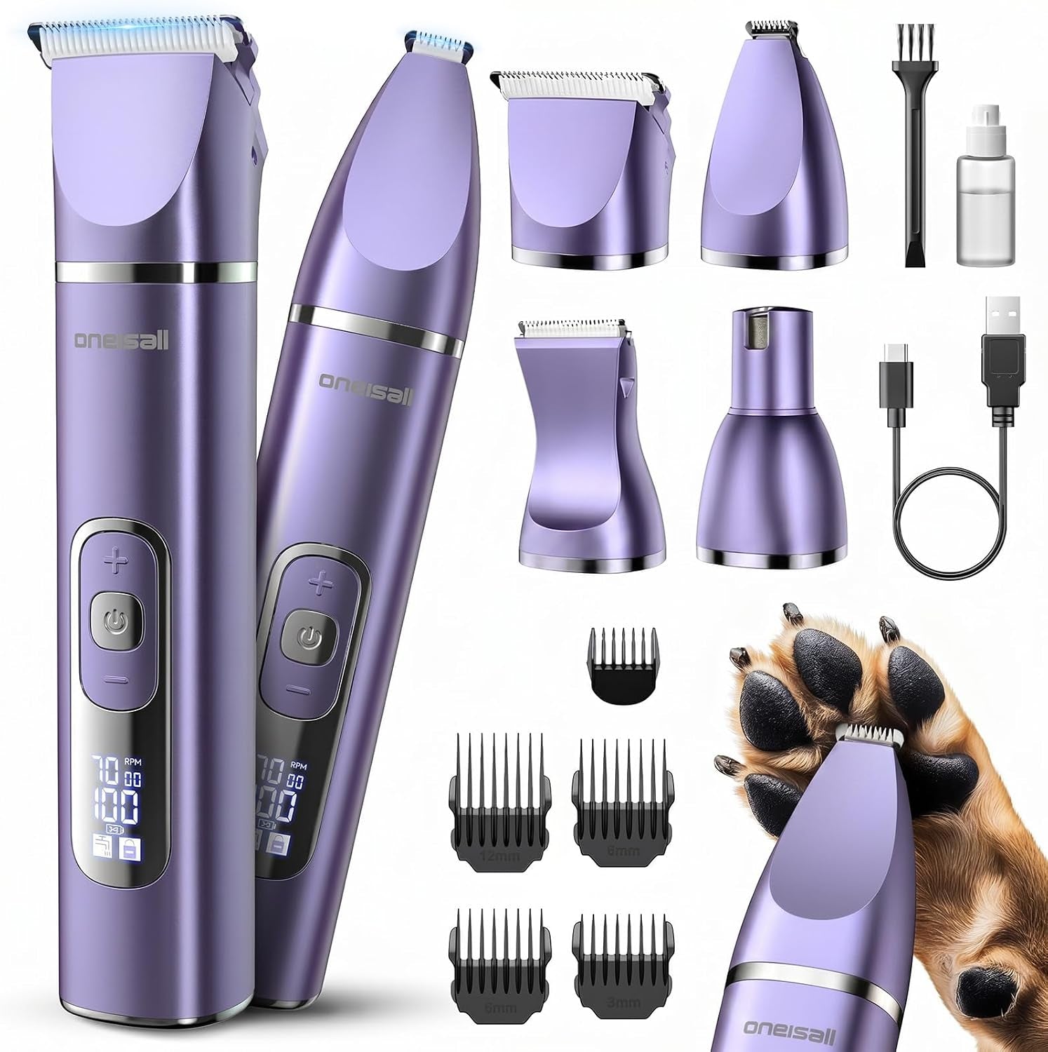 oneisall-4-in-1-dog-grooming-kit-with-lcd-display-paw-hair-trimmer-nail-grinder-rechargeable-cordless-low-noise-ipx7-waterproof-3-speeds-pet-grooming-clippers
