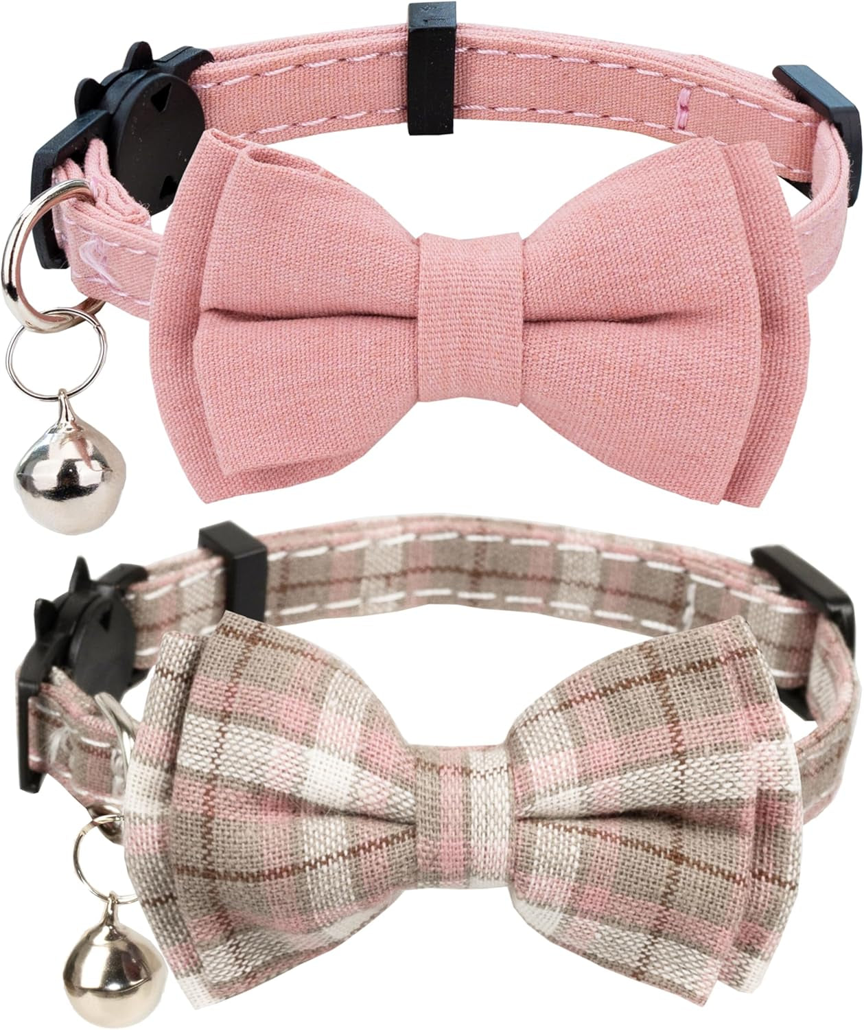 cat-collar-breakaway-bowtie-safety-with-bell-adjustbale-kitten-puppy-solid-plaid-color-set-d-2pcs-pink-2