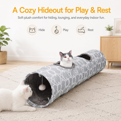 Geometric Straight Cat Tunnel with Plush Inside,Cats Toys Collapsible Tunnel Tube with Balls, for Rabbits, Kittens, Ferrets,Puppy, Diameter 9.8 Inch3