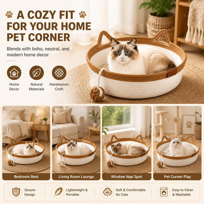 Handwoven Cat Basket Bed, Cotton Rope round Cat Scratcher Bed with Cats Ear Handles, Breathable Boho Nesting Pet Bed for Kittens and Indoor Cats (Color D,Small)5