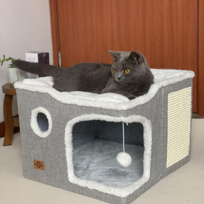 Cat Bed for Indoor Cats,Covered Cat Cave House & Furniture with Scratch Pad,Foldable Cat Hideaway Hut Cute Cat Condo with Soft Washable Mat for Multi Small Pet under 30 Lbs,Light Grey1