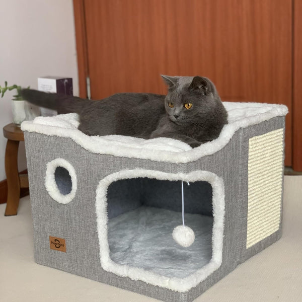 Cat Bed for Indoor Cats,Covered Cat Cave House & Furniture with Scratch Pad,Foldable Cat Hideaway Hut Cute Cat Condo with Soft Washable Mat for Multi Small Pet under 30 Lbs,Light Grey1