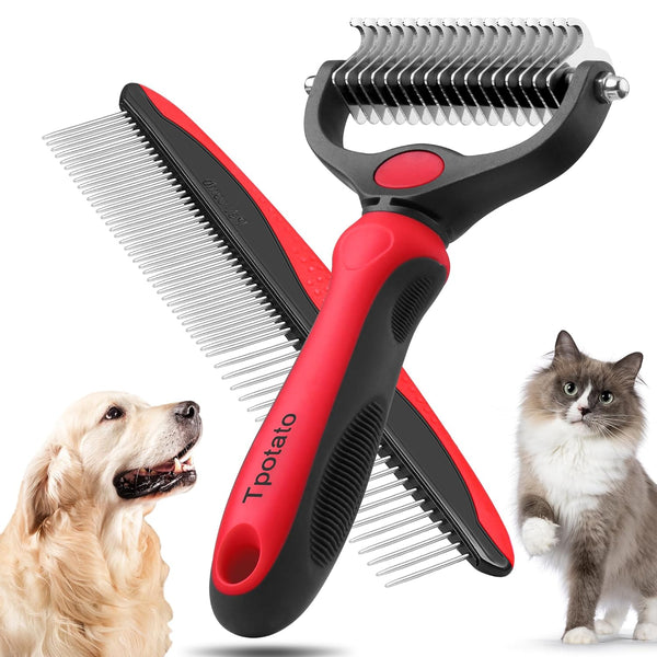 Tpotato Deshedding Dog Brush for Long Haired Dogs Cats,Undercoat Shedding Rake for Dematting Detangling Tangles Matted Fur and Knots,Metal Pet Comb,Professional Pet Grooming Supplies Tool Kit,Red1