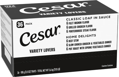 Cesar Wet Dog Food, Steak Lovers Variety Pack, 3.5 Oz, 36 Count | Real Meat #1 Ingredient, Easy Peel Trays, 100% Complete & Balanced, No Fillers, No Added Sugar, No Artificial Flavors24