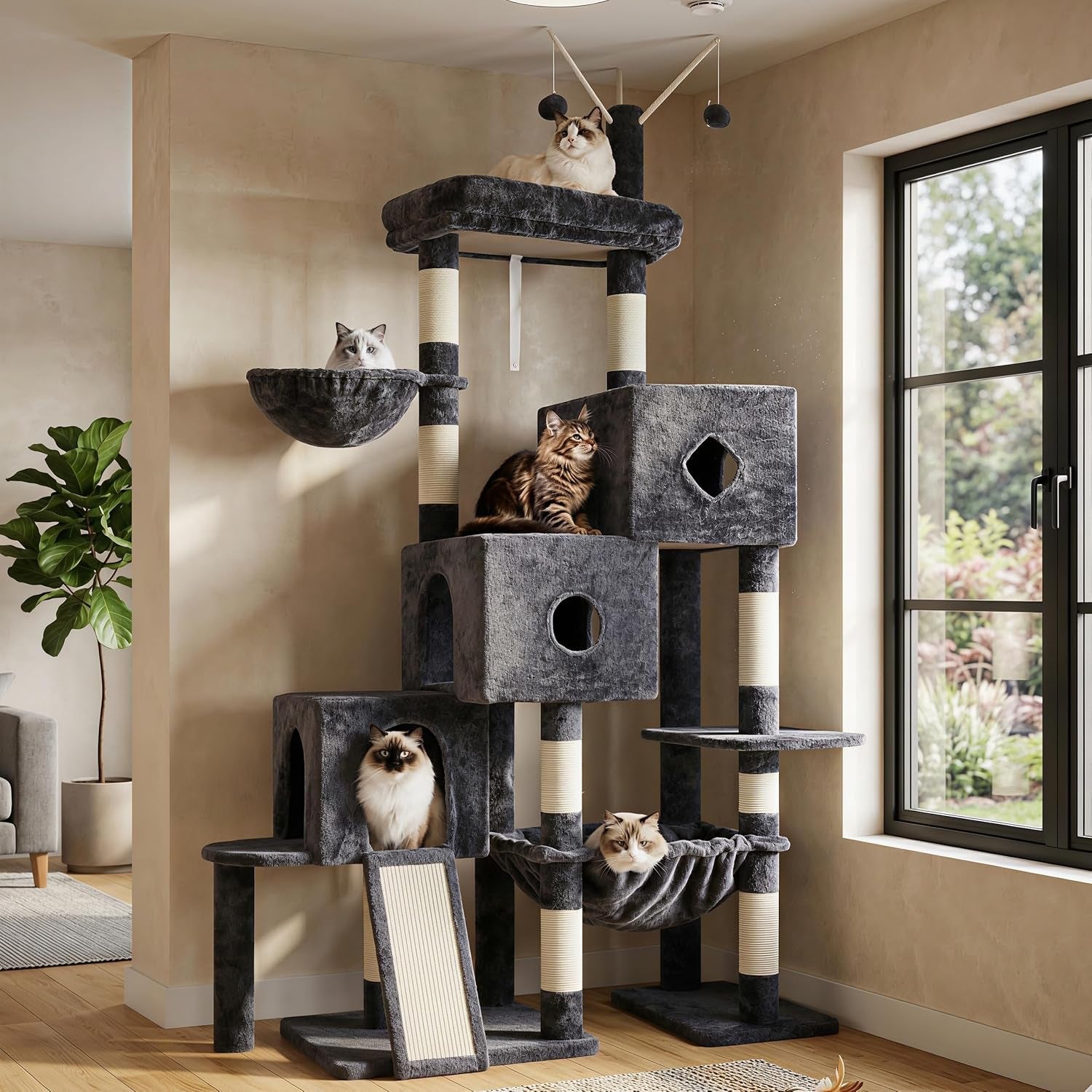 hey-brother-cat-tree-tower-with-3-condos-step-climbing-pathway-mpj081g-74-8-inches-scratching-post-with-3-house-hammock-large-basket-cozy-bed-sisal-board-toys-for-big-indoor-cats-smoky-gray