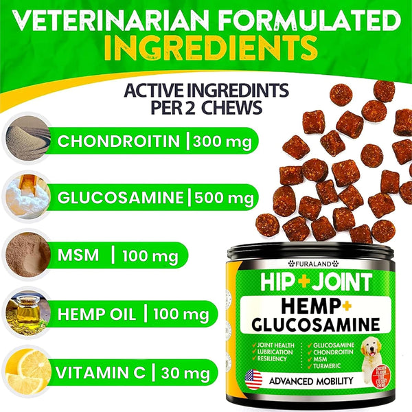 Hemp Hip and Joint Supplement for Dogs - Glucosamine for Dogs - 170 Dog Joint Pain Relief Treats - Chondroitin, Hemp Oil, MSM - Mobility & Flexibility Support - Advanced Care Health - Made in USA3