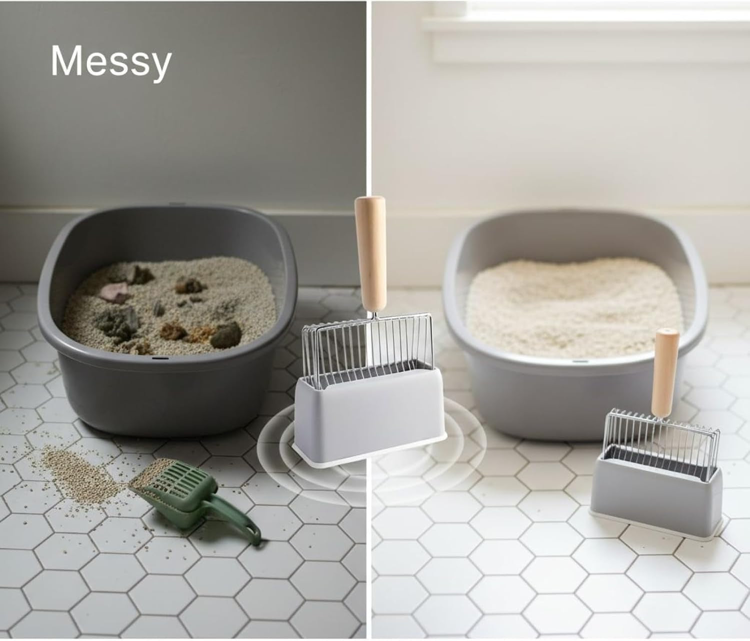11-in-long-handle-cat-litter-scoop-set-gray-metal-rustproof-6-7-in-wide-sifter-with-wooden-grip-included-abs-base-holder-stand