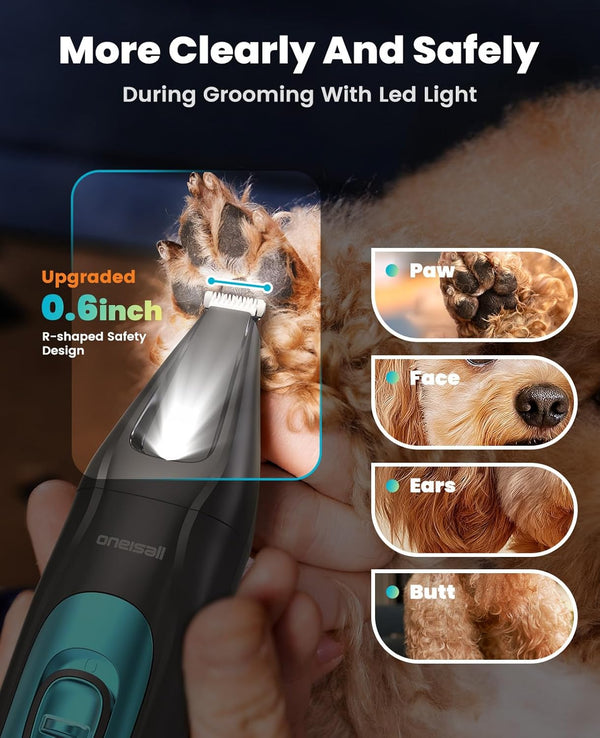 Oneisall Professional 4-In-1 Dog Grooming Kit with LED Light | Quiet Clippers & Nail Grinder, Cordless, 3.7 Hrs Runtime, LED Display, Safe for Paws, Face, Ears & Body4