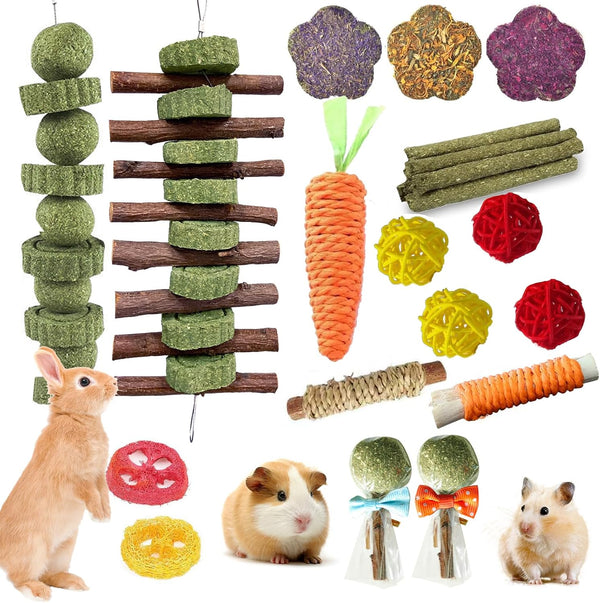 WDEFUN 21PCS Rabbit Chew Toys for Teeth Grinding, Natural Timothy Hay Cakes Treats for Bunny, Organic Apple Wood Sticks Toy Set for Guinea Pigs, Hamsters, Chinchillas,Dental Health & Boredom Relief1