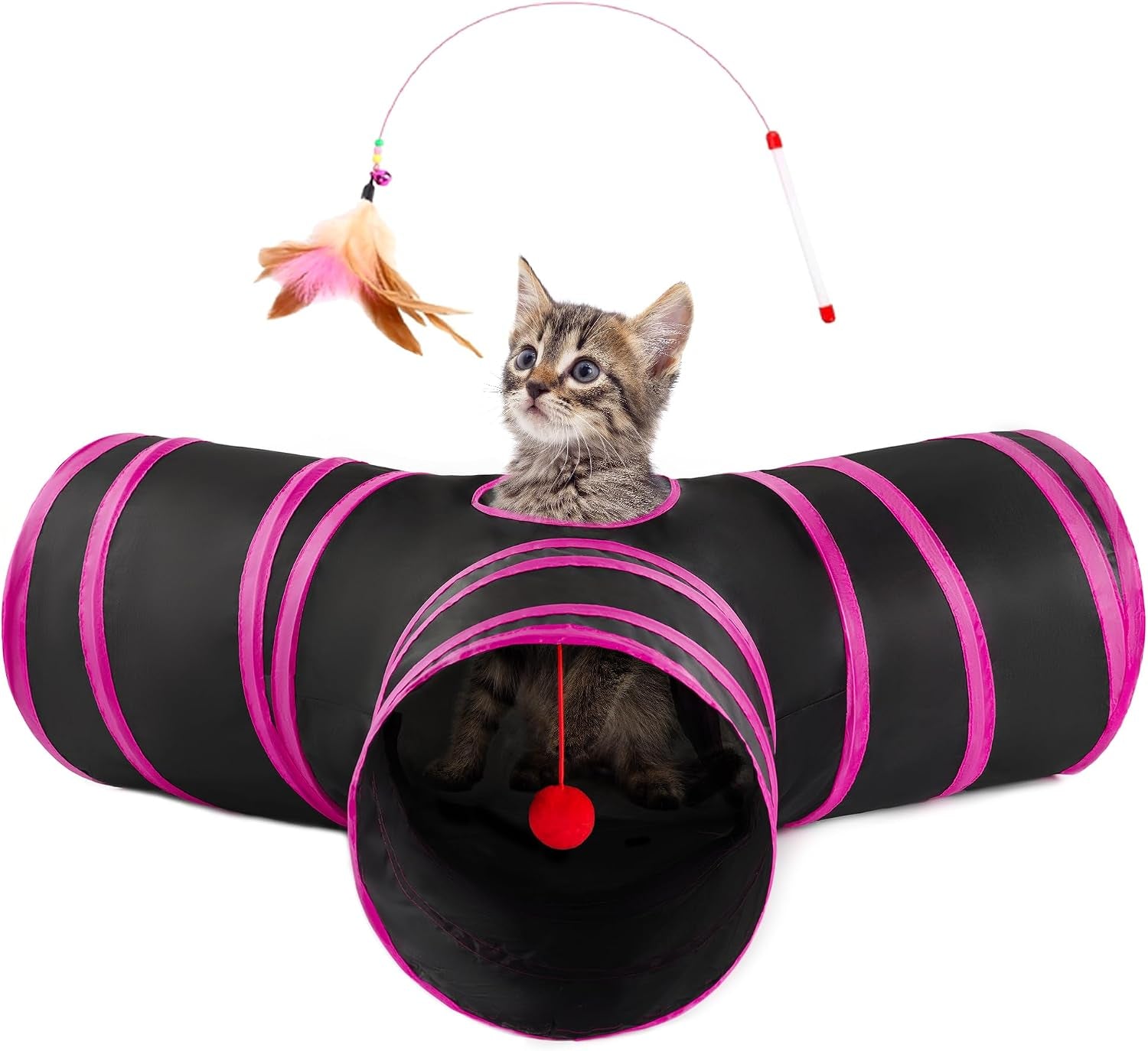 love-s-cabin-cat-tunnel-for-indoor-cats-3-way-collapsible-play-tunnel-with-teaser-wand-peek-holes-toy-ball-small-pet-toy-for-kittens-rabbits-black-blue-small-size
