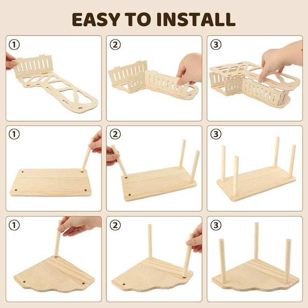 3 Pack Wooden Hamster Play Platform, 3-In-1 Natural Small Pet Playground with Tunnel, Ladder & Hidden Rest Area, Wooden Support Column Cage Accessories for Hamsters, Squirrels & Tiny Pets5