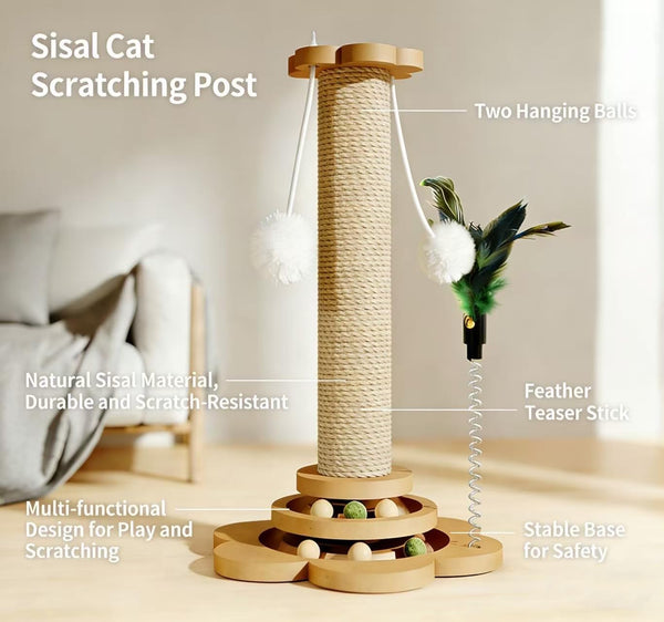 Cat Scratching Post, Cat Scratchers for Indoor Cats Natural Sisal Scratcher with 2-Level Trackball & 2 Hanging Balls, Sturdy Cat Scratching Post 4-In-1 Interactive Kitten Toy for Indoor Cats2