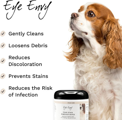 Eye Envy Tear Stain Wipes for Dogs. Textured to Gently Clean. Presoaked in Natural Formula. Recommended by AKC Breeders, Professional Groomers. Cleans Staining. USA Made. 60 Wipes2