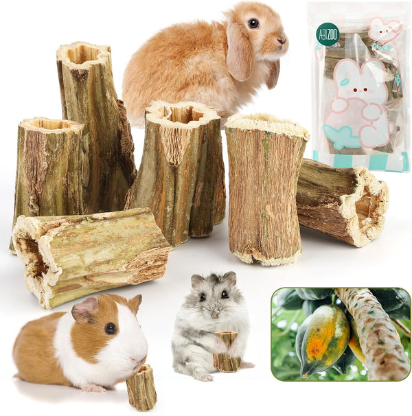 Abizoo Natural Bunny Chew Toys,6 Pcs Organic Papaya Wood Sticks Chew Toys for Rabbit,Hamster,Guinea Pig,Chinchilla,Gerbil,Rat Healthy Chews Teeth Grinding Treats, Squirrel Molar Snack1