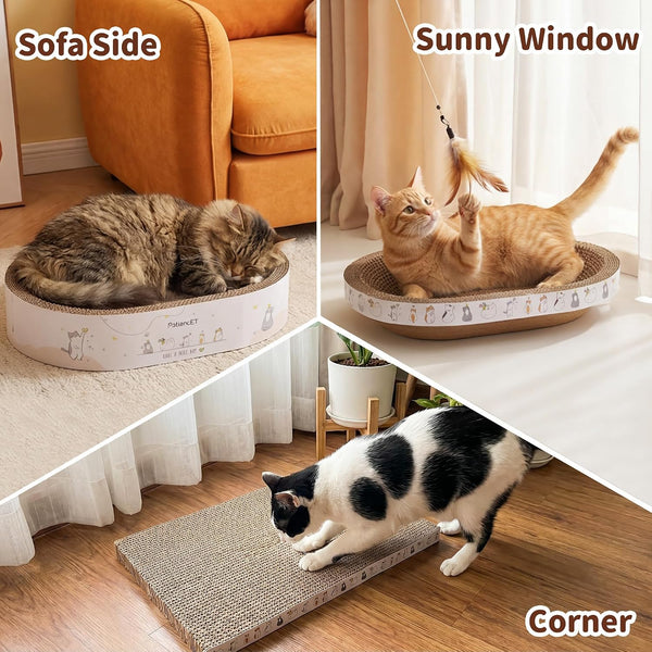 Patiencet 3-In-1 Cat Scratcher Cardboard Set for Indoor Cats, Cat Lounge Box with Wide & Slim Oval Cat Beds, Corrugated Cat Scratching Board for Furniture Protection, Rest & Play7