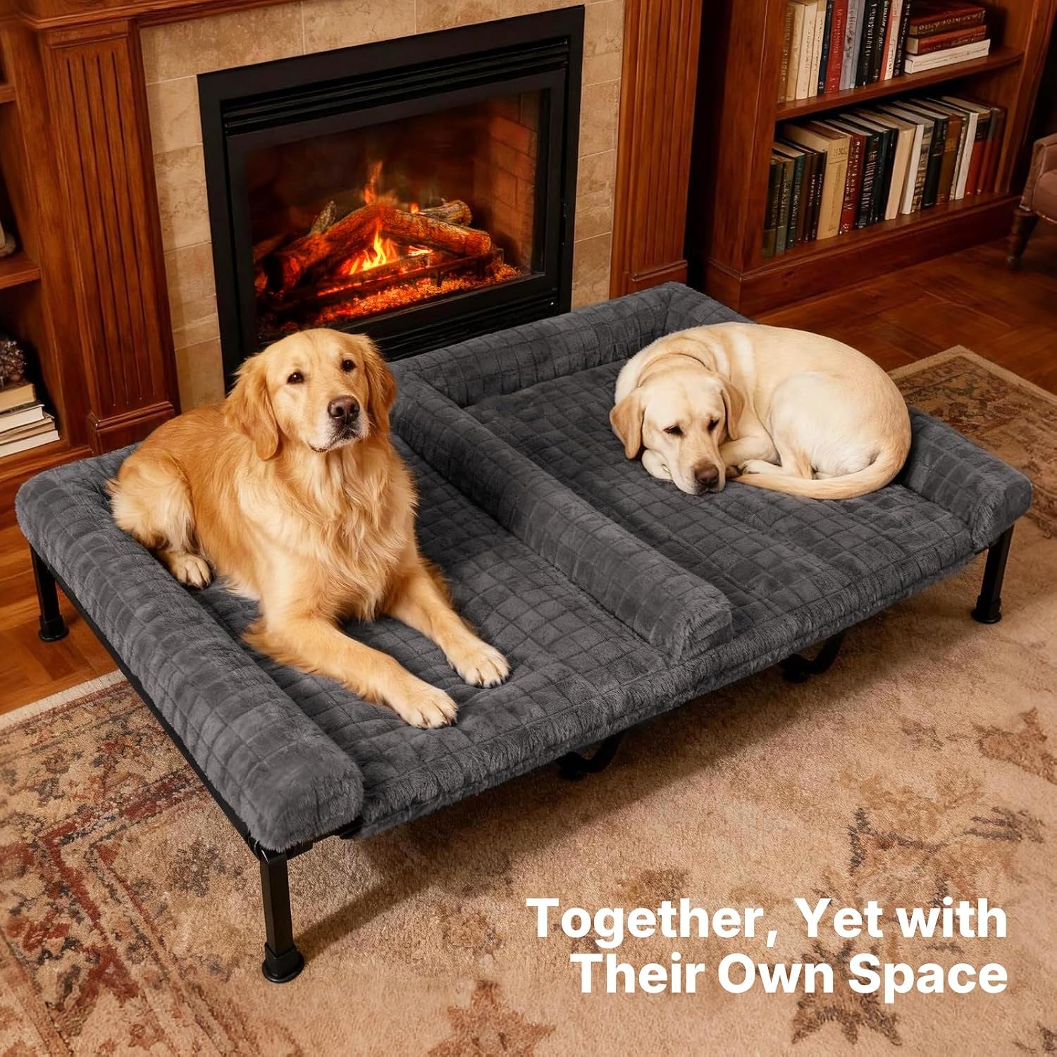 veehoo-fluffy-plush-double-dog-couch-bed-for-two-large-dogs-washable-elevated-dog-beds-with-removable-bolster-cushion-cooling-raised-pet-cot-with-breathable-mesh-no-slip-feet-59-x-37-inches-grey