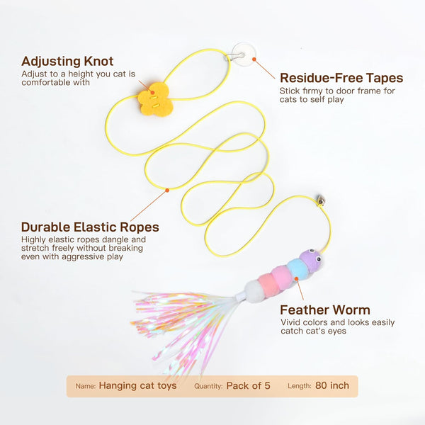 Potaroma Interactive Cat Feather Toys 5 Pcs, Cat Teaser Retractable Hanging Indoor Kitten Play Chase Exercise, Mental Physical Stimulation for All Breeds and Species | Retractable Hanging Cat Toys, Indoor Kitten Play Chase Exercise, Mental Physical Stimulation for All Breeds6