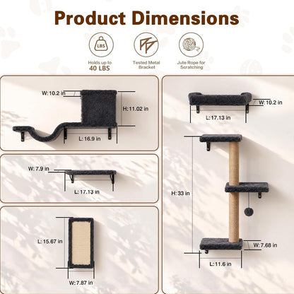 6-In-1 Cat Wall Shelves for Indoor Cats, Wall Mounted Furniture with Bed, Cave, Perch & Scratching Post, Multi-Level Climbing System, Space-Saving Playground, Natural Wood Gray5